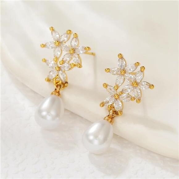 Gold-Plated Pearl Drop Earrings – CZ Leverback Design, Hypoallergenic - Picture 4 of 6